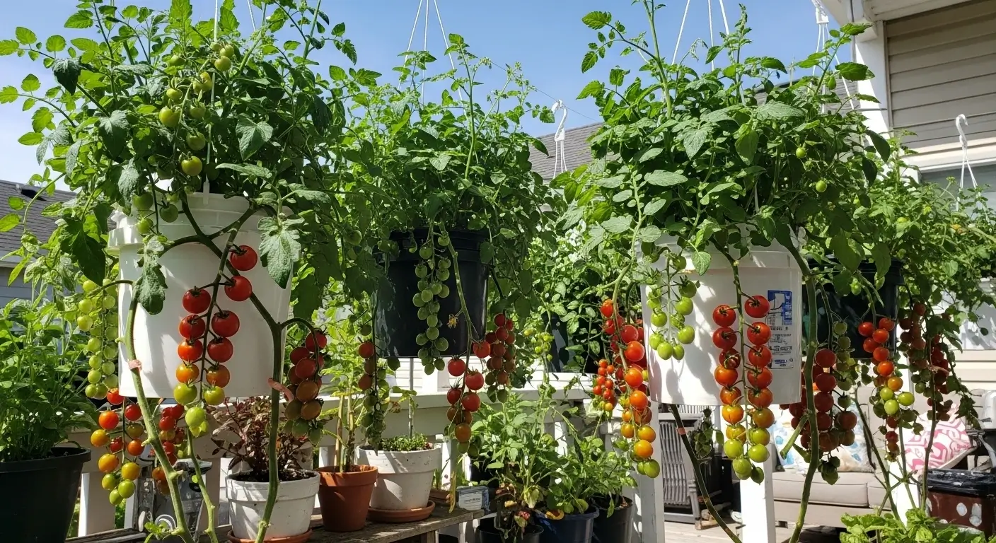 Growing tomatoes upside down in hanging buckets on patio garden
