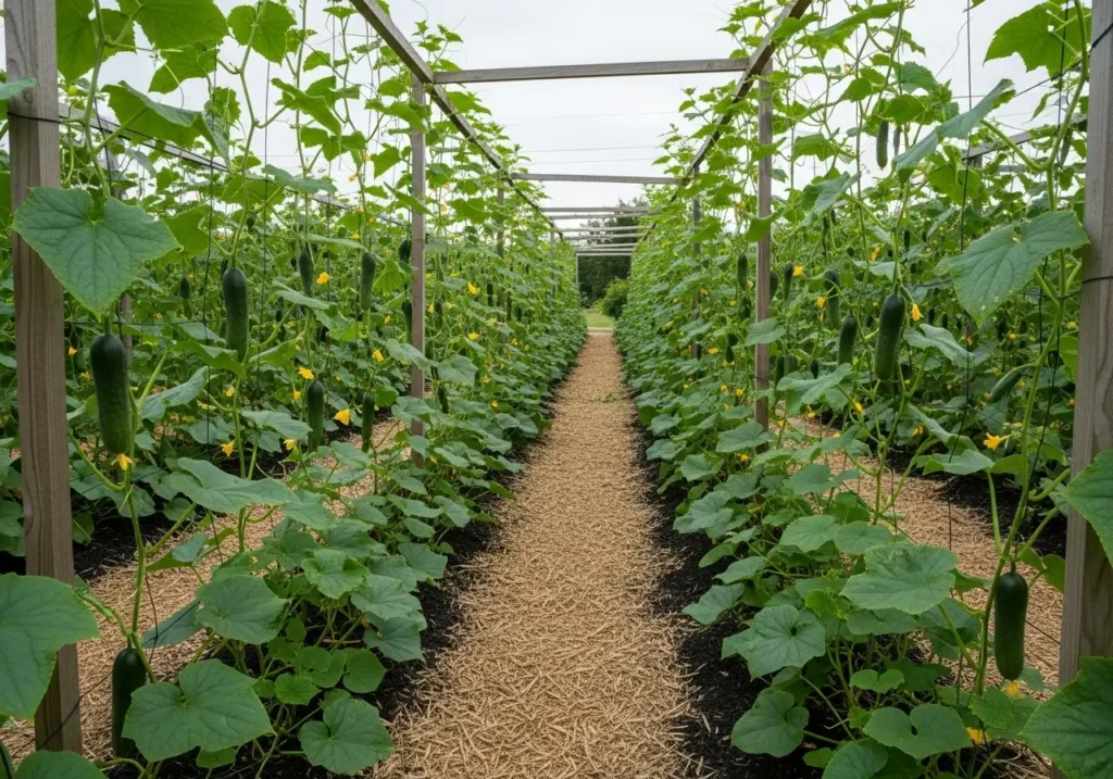 Vertical cucumber trellis system showing proper cucumber row spacing for maximum garden efficiency