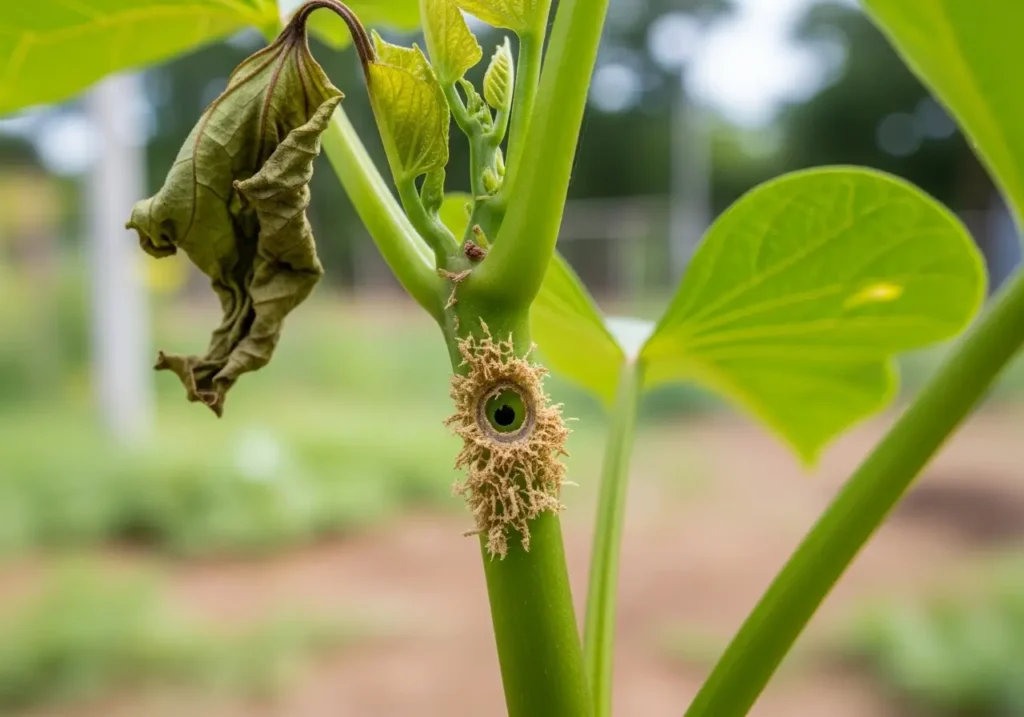 Sweet potato vine borer entry hole showing frass damage requiring immediate pest control