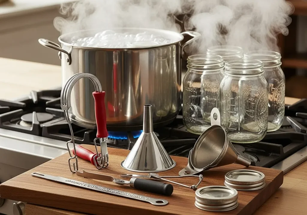 Water bath canning process for preserving fresh cucumbers using proper safety equipment