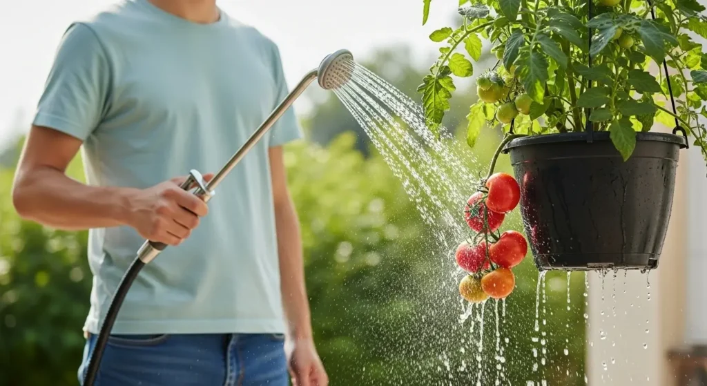 Watering upside down tomato planter with gentle shower attachment
