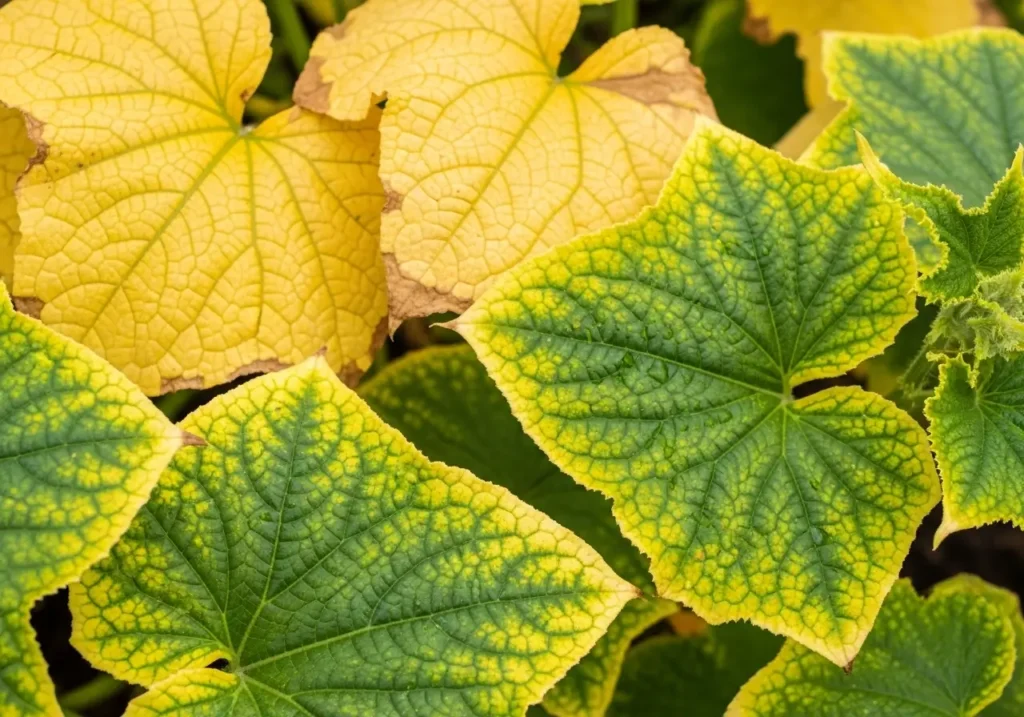 Yellow cucumber leaves showing different yellowing patterns from cucumber plant problems
