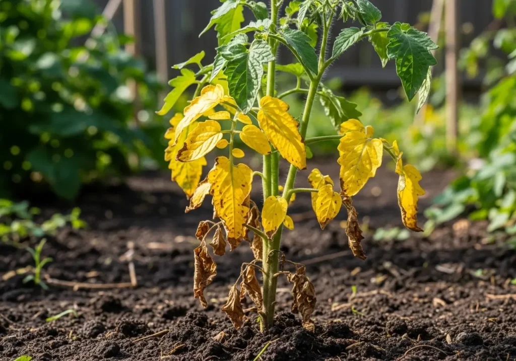 Tomato plant with yellowing leaves showing nutrient deficiency and stress problems